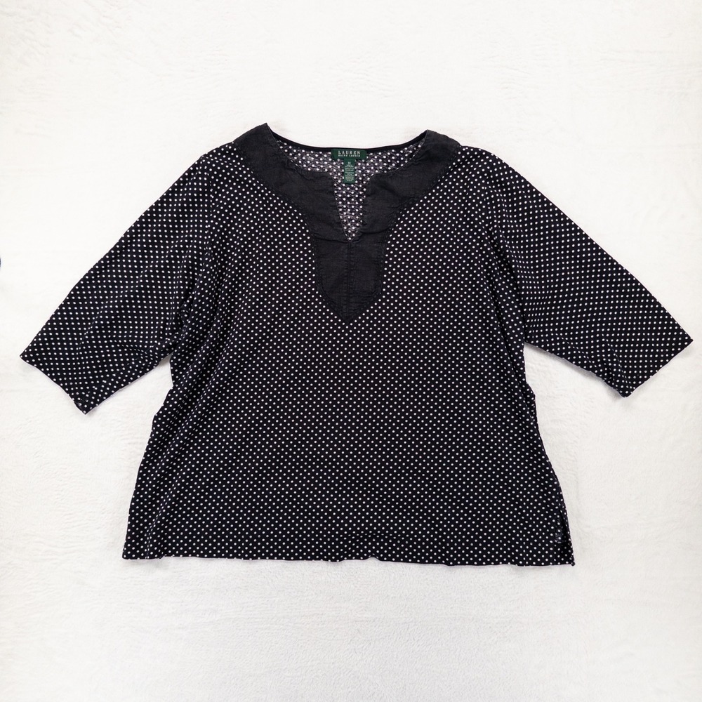 Lauren Ralph Lauren Womens Top 3X Black Polka Dot Split Neck 3/4 Sleeve Knit